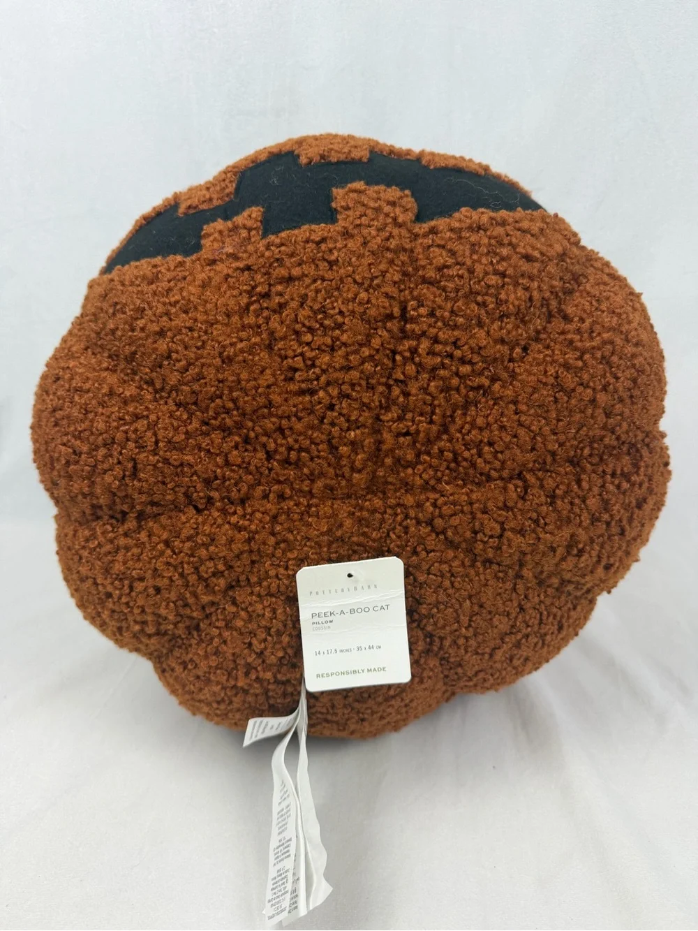 Pottery Barn Peek a Boo Cat Jack o' Lantern Pumpkin Plush Pillow Halloween NWT